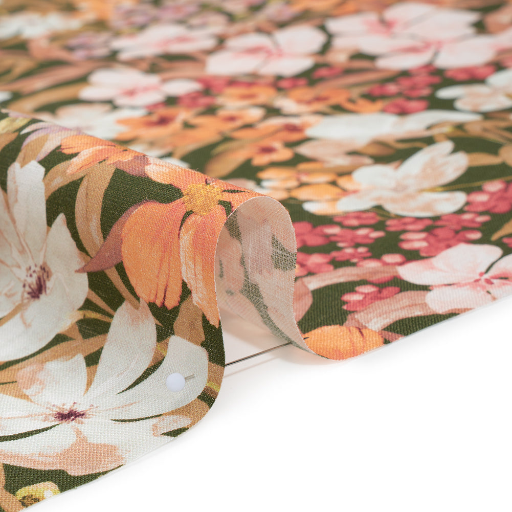Medium Weight Linen Woven Print - Dark Sage, Pink and Creamsicle Floral - Detail Medium Weight Linen Woven Print - Dark Sage, Pink and Creamsicle Floral - Detail