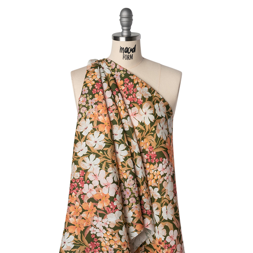Medium Weight Linen Woven Print - Dark Sage, Pink and Creamsicle Floral - Drape Medium Weight Linen Woven Print - Dark Sage, Pink and Creamsicle Floral - Drape