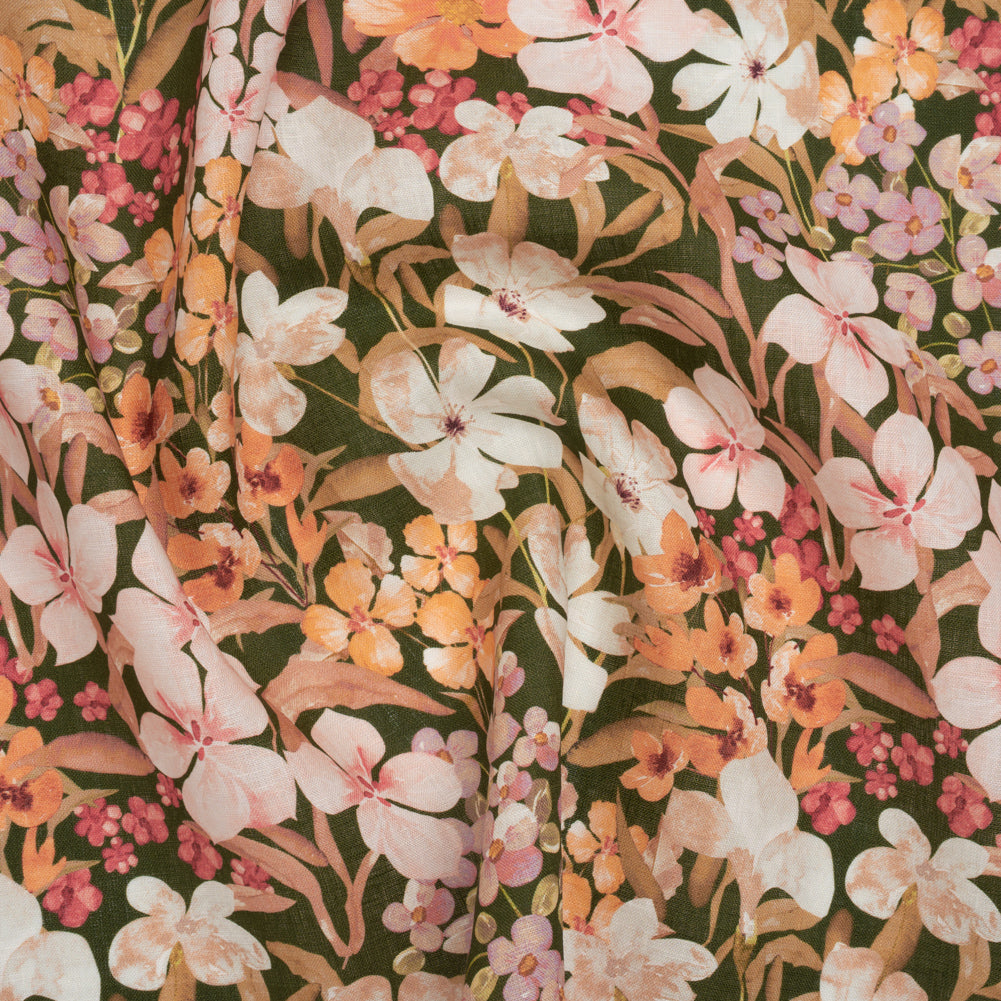 Medium Weight Linen Woven Print - Dark Sage, Pink and Creamsicle Floral Medium Weight Linen Woven Print - Dark Sage, Pink and Creamsicle Floral