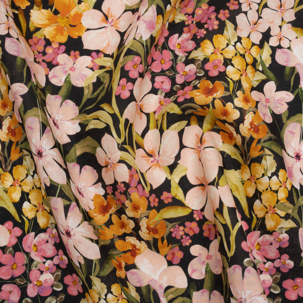 Medium Weight Linen Woven Print - Midnight, Pink and Tiger Lily Orange Floral Medium Weight Linen Woven Print - Midnight, Pink and Tiger Lily Orange Floral