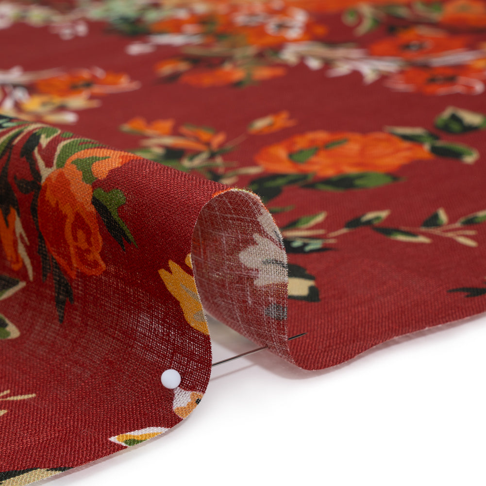 Medium Weight Linen Woven Print - Wine Red, Green and Dark Orange Floral - Detail Medium Weight Linen Woven Print - Wine Red, Green and Dark Orange Floral - Detail