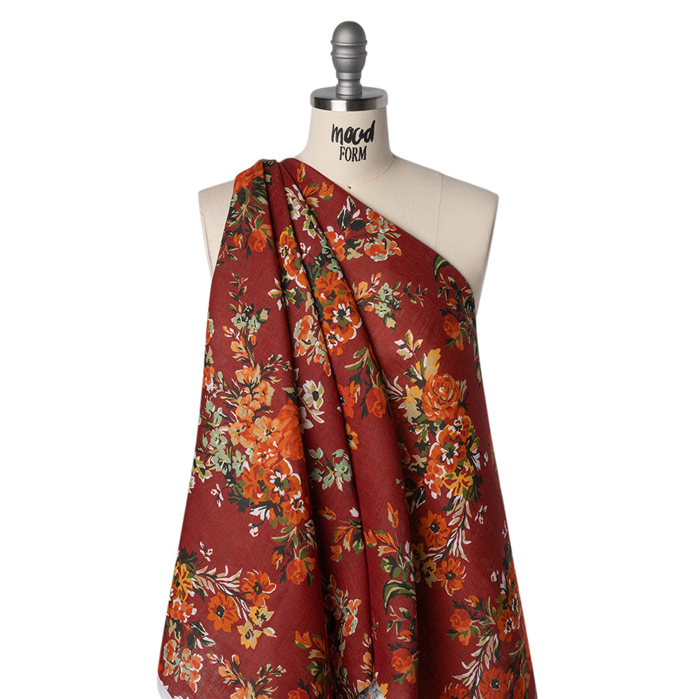 Medium Weight Linen Woven Print - Wine Red, Green and Dark Orange Floral - Drape Medium Weight Linen Woven Print - Wine Red, Green and Dark Orange Floral - Drape