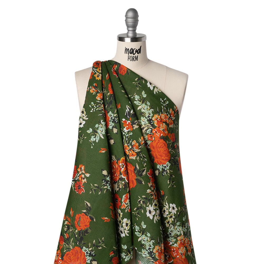 Medium Weight Linen Woven Print - Forest Green, Dark Orange and Mint Floral - Drape Medium Weight Linen Woven Print - Forest Green, Dark Orange and Mint Floral - Drape