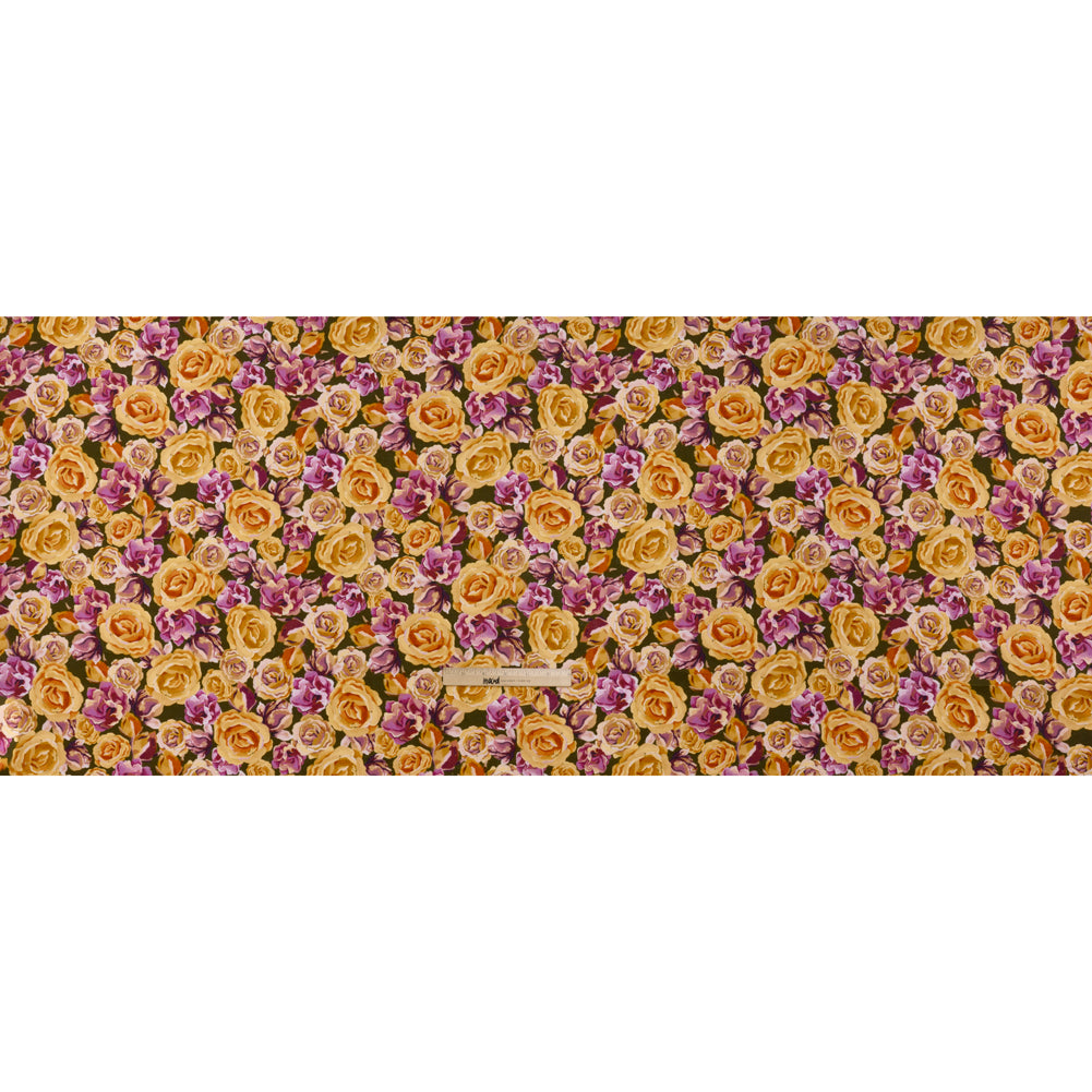 Medium Weight Linen Woven Print - Mustard Yellow, Magenta Pink and Dark Olive Green Roses - Full Medium Weight Linen Woven Print - Mustard Yellow, Magenta Pink and Dark Olive Green Roses - Full