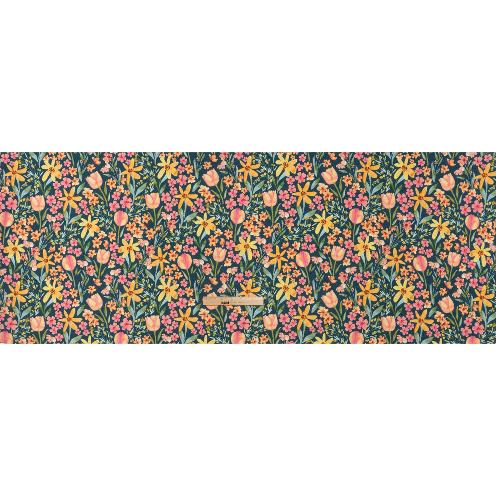 Medium Weight Linen Woven Print - Dark Teal, Orange and Pink Tulip Garden - Full Medium Weight Linen Woven Print - Dark Teal, Orange and Pink Tulip Garden - Full