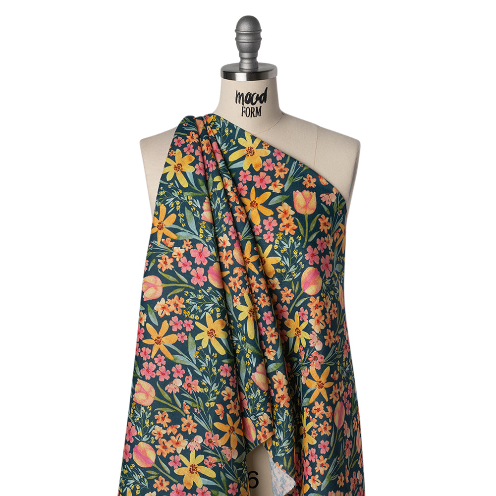 Medium Weight Linen Woven Print - Dark Teal, Orange and Pink Tulip Garden - Drape Medium Weight Linen Woven Print - Dark Teal, Orange and Pink Tulip Garden - Drape