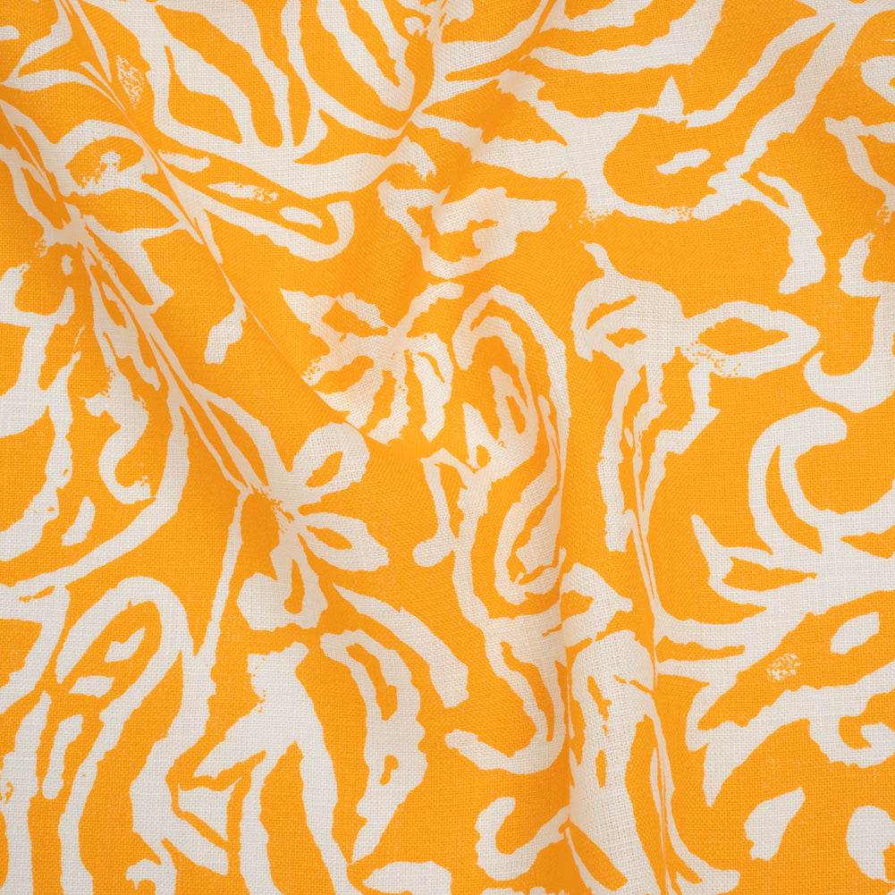 Medium Weight Linen Woven Print - Sun Yellow and White Rustic Floral and Paisley Medium Weight Linen Woven Print - Sun Yellow and White Rustic Floral and Paisley