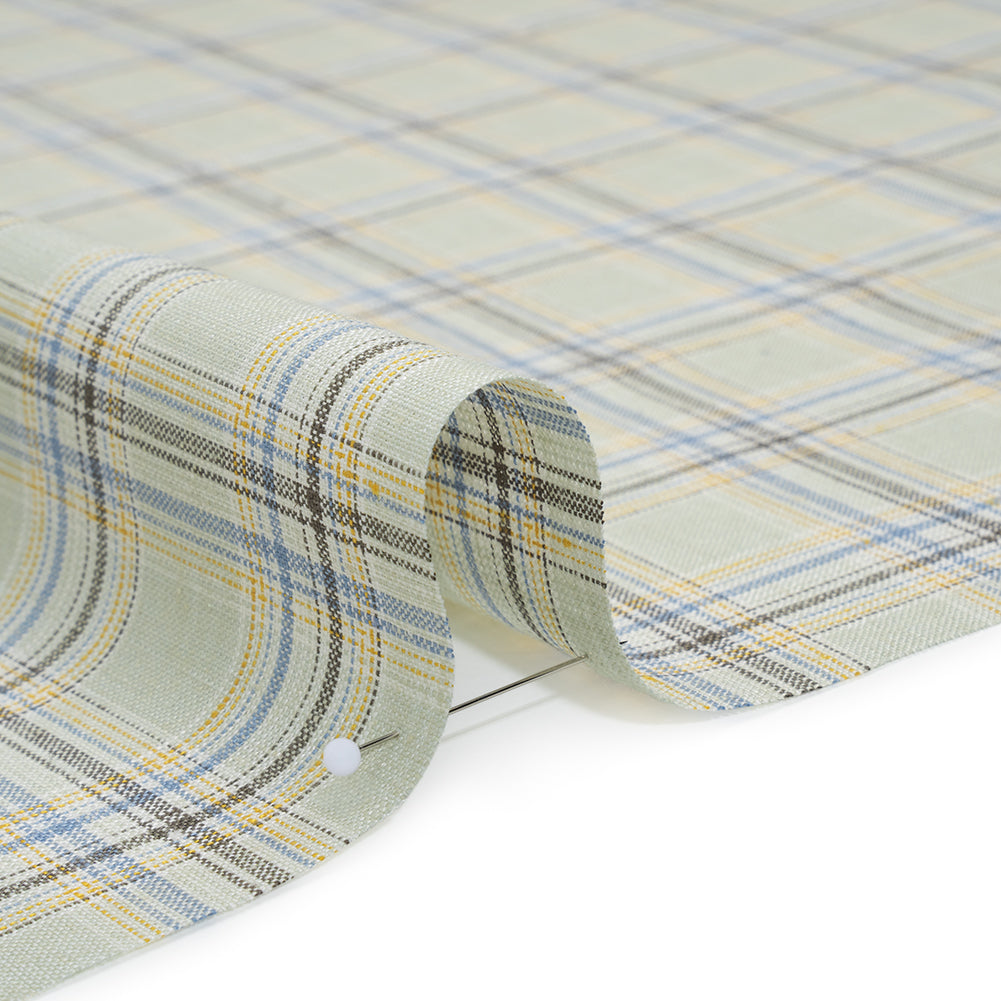 Medium Weight Linen Woven - Light Sage, Yellow and Country Blue Plaid - Detail Medium Weight Linen Woven - Light Sage, Yellow and Country Blue Plaid - Detail