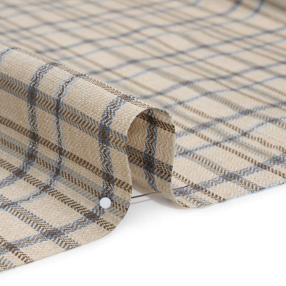 Linen Herringbone Twill - Beige, Blue and Brown Plaid - Detail Linen Herringbone Twill - Beige, Blue and Brown Plaid - Detail