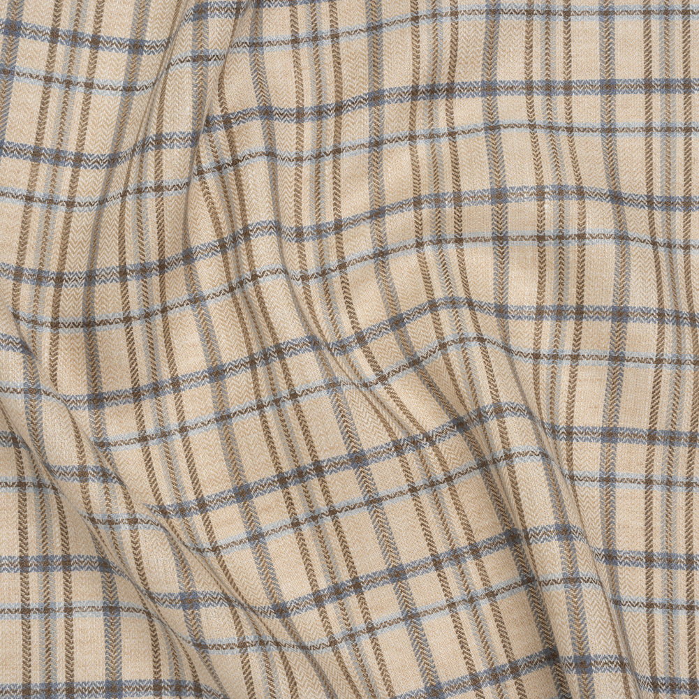 Linen Herringbone Twill - Beige, Blue and Brown Plaid Linen Herringbone Twill - Beige, Blue and Brown Plaid