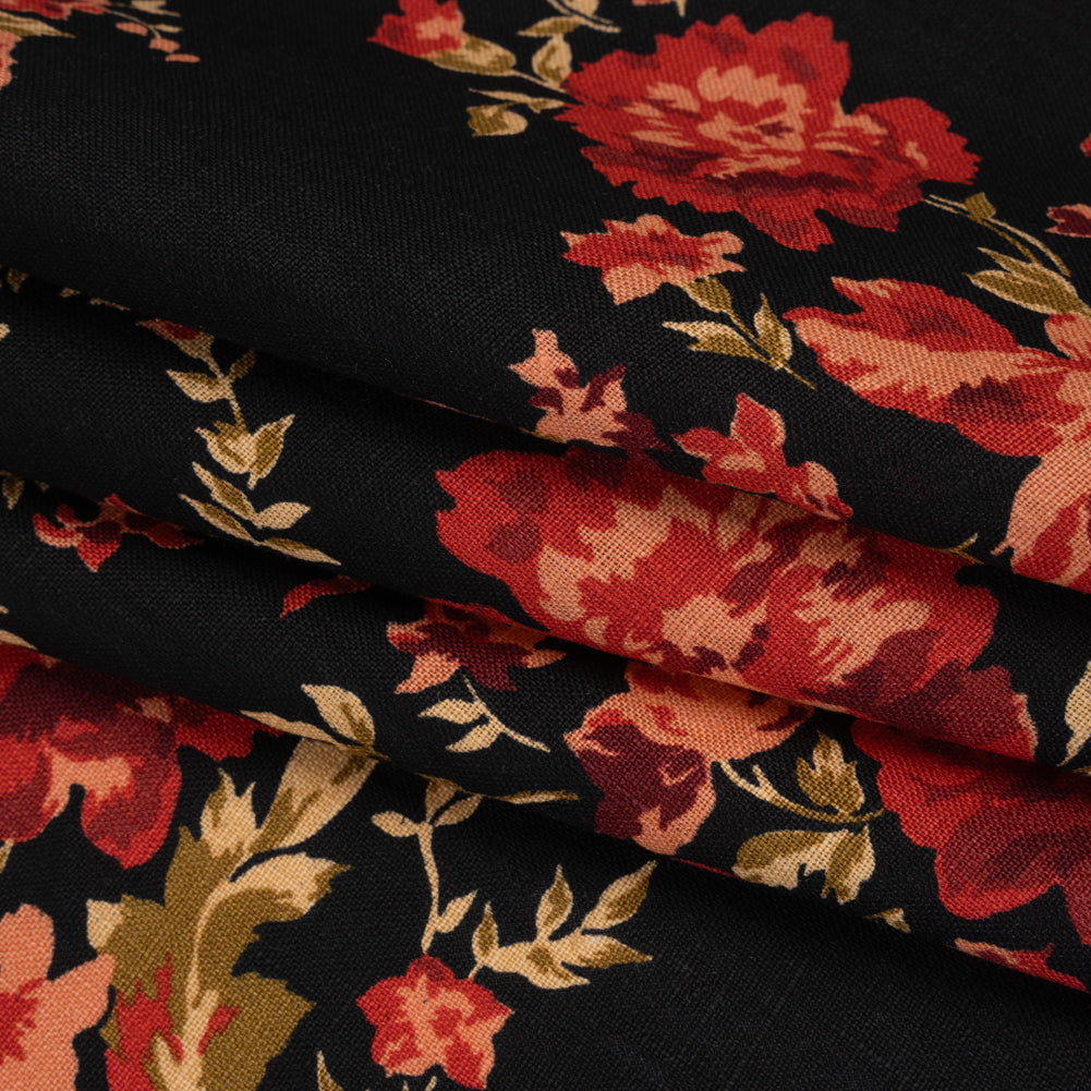 Linen Print - Crimson Red, Salmon Pink and Black Floral - Designer Deadstock - Folded Linen Print - Crimson Red, Salmon Pink and Black Floral - Designer Deadstock - Folded