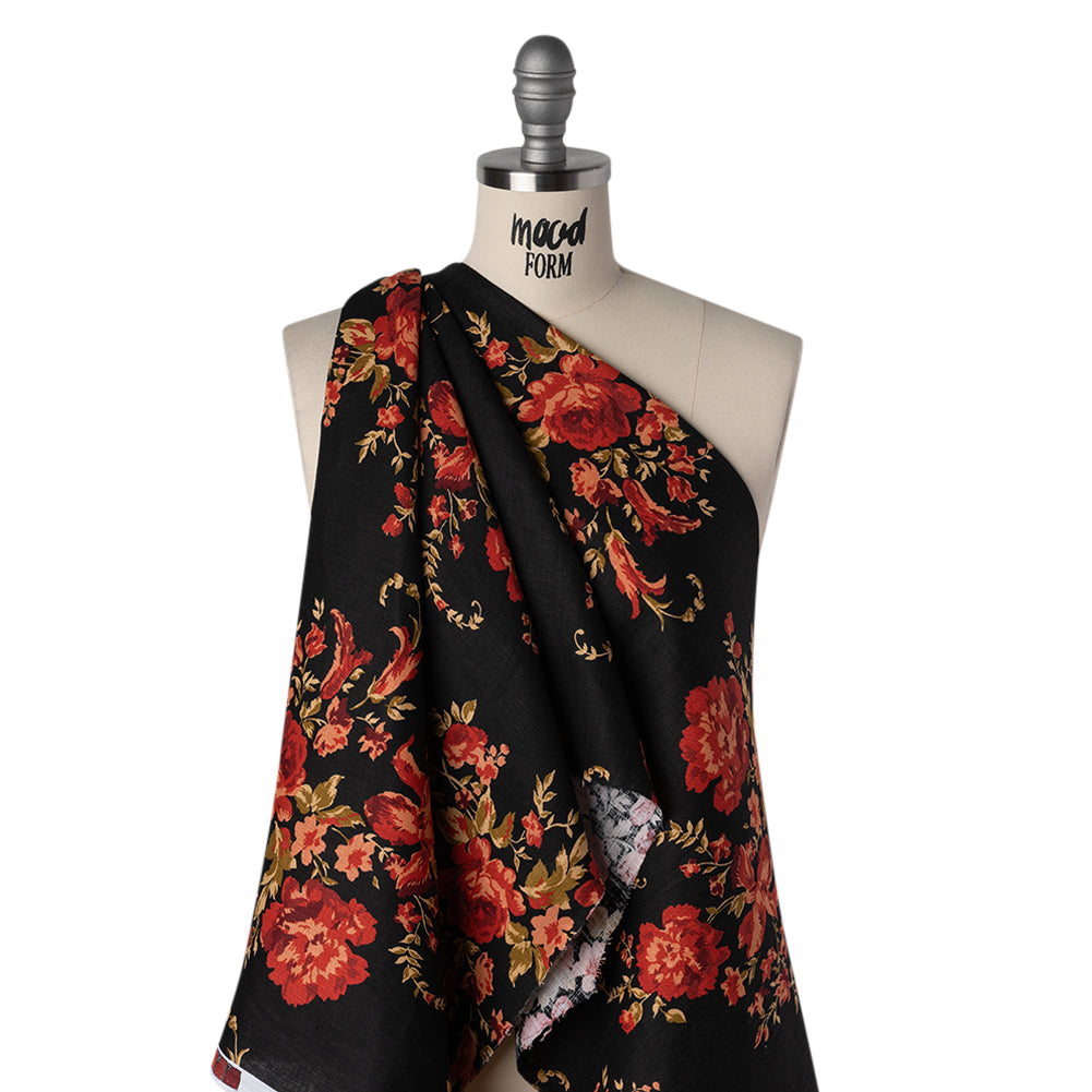 Linen Print - Crimson Red, Salmon Pink and Black Floral - Designer Deadstock - Drape Linen Print - Crimson Red, Salmon Pink and Black Floral - Designer Deadstock - Drape