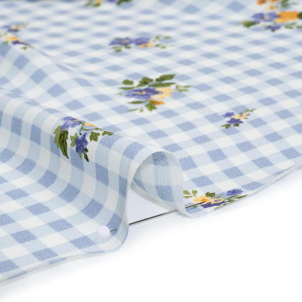 Sustainable Viscose Crepe Print - Powder Blue and Golden Yellow Floral and Gingham - Designer Deadstock - Detail Sustainable Viscose Crepe Print - Powder Blue and Golden Yellow Floral and Gingham - Designer Deadstock - Detail