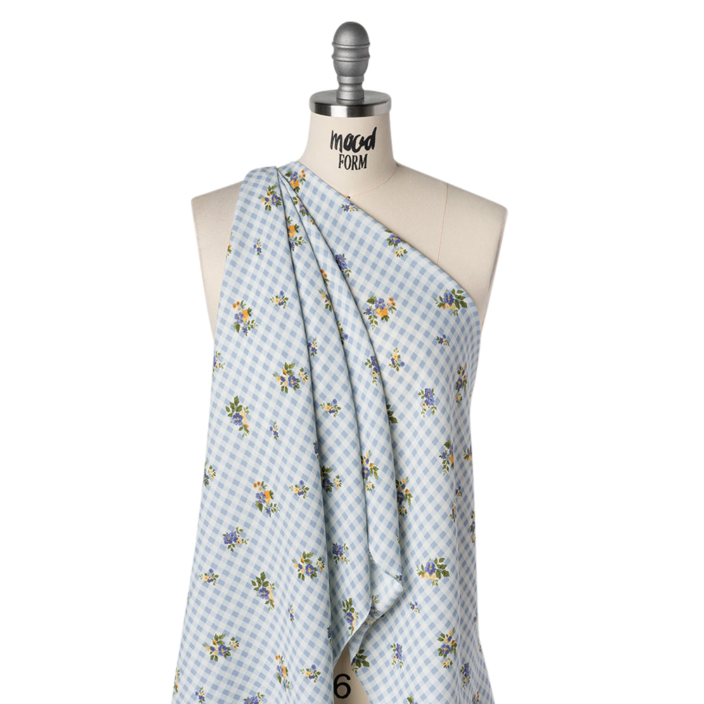 Sustainable Viscose Crepe Print - Powder Blue and Golden Yellow Floral and Gingham - Designer Deadstock - Drape Sustainable Viscose Crepe Print - Powder Blue and Golden Yellow Floral and Gingham - Designer Deadstock - Drape