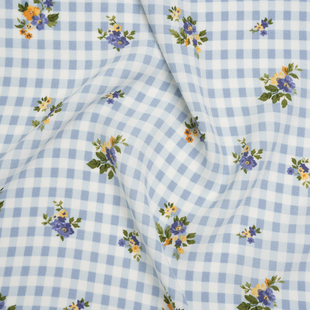 Sustainable Viscose Crepe Print - Powder Blue and Golden Yellow Floral and Gingham - Designer Deadstock Sustainable Viscose Crepe Print - Powder Blue and Golden Yellow Floral and Gingham - Designer Deadstock