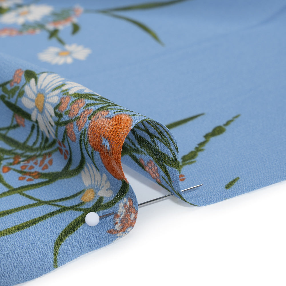 Viscose Georgette Print - Salmon Pink, Dark Moss Green and Cornflower Blue Wildflower Floral - Designer Deadstock - Detail Viscose Georgette Print - Salmon Pink, Dark Moss Green and Cornflower Blue Wildflower Floral - Designer Deadstock - Detail