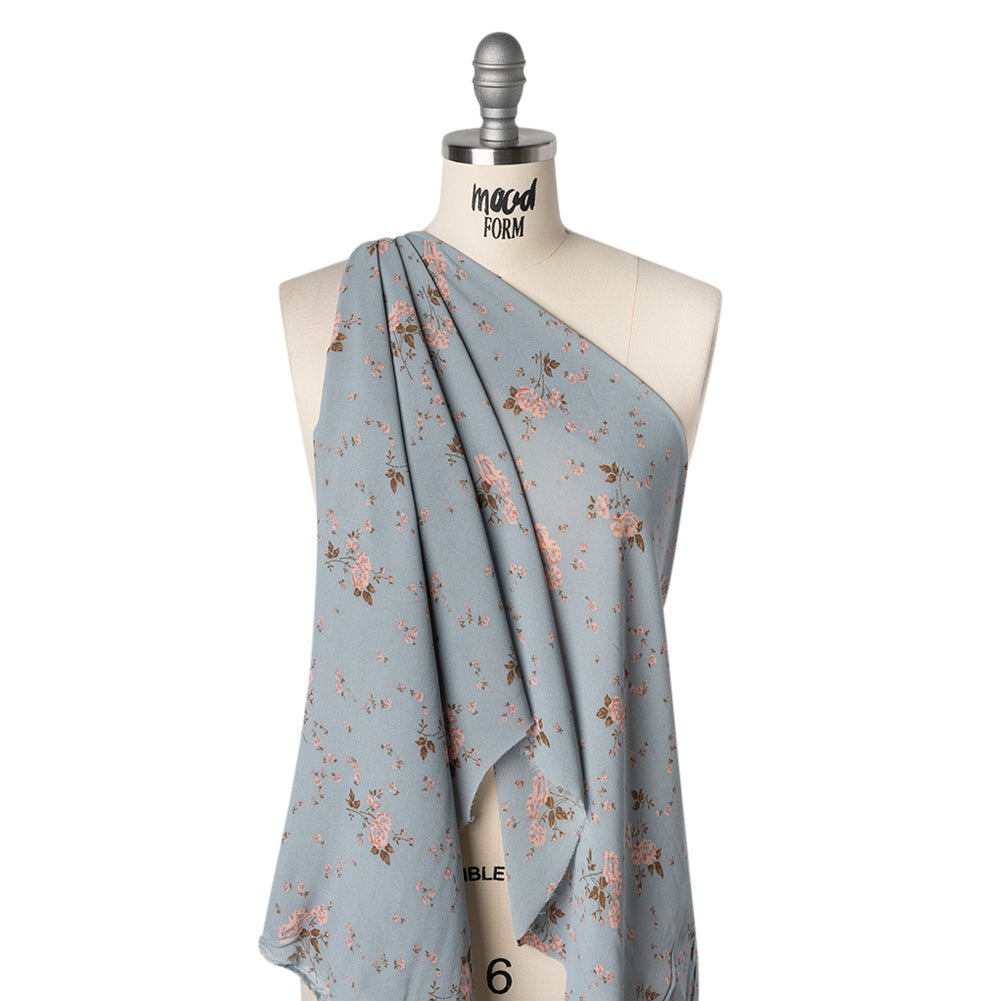 Viscose Georgette Print - Stone Blue and Soft Princess Pink Floral - Designer Deadstock - Drape Viscose Georgette Print - Stone Blue and Soft Princess Pink Floral - Designer Deadstock - Drape