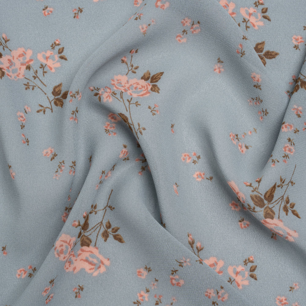 Viscose Georgette Print - Stone Blue and Soft Princess Pink Floral - Designer Deadstock Viscose Georgette Print - Stone Blue and Soft Princess Pink Floral - Designer Deadstock