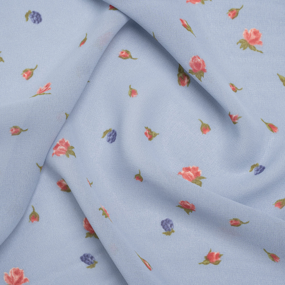 Viscose Georgette Print - Periwinkle Blue, Blush Pink and Royal Purple Berry Floral - Designer Deadstock Viscose Georgette Print - Periwinkle Blue, Blush Pink and Royal Purple Berry Floral - Designer Deadstock