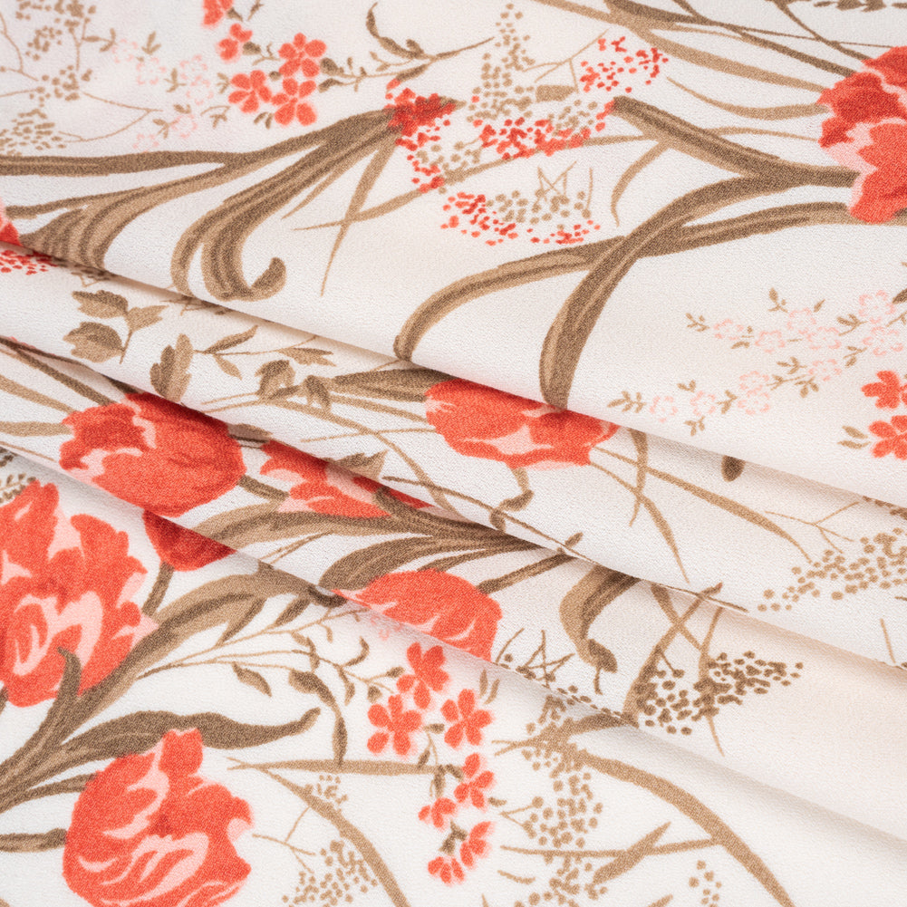 Sustainable Viscose Crepe Print - Tomato Red, Hazelnut Brown and Cream Floral - Designer Deadstock - Folded Sustainable Viscose Crepe Print - Tomato Red, Hazelnut Brown and Cream Floral - Designer Deadstock - Folded