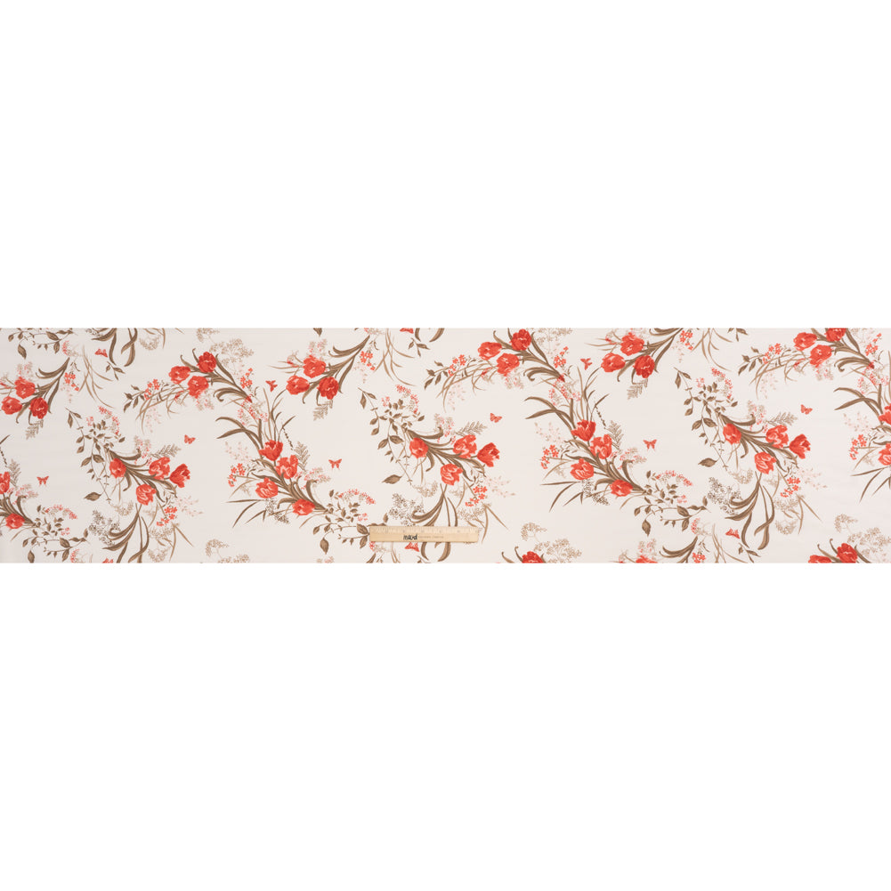Sustainable Viscose Crepe Print - Tomato Red, Hazelnut Brown and Cream Floral - Designer Deadstock - Full Sustainable Viscose Crepe Print - Tomato Red, Hazelnut Brown and Cream Floral - Designer Deadstock - Full