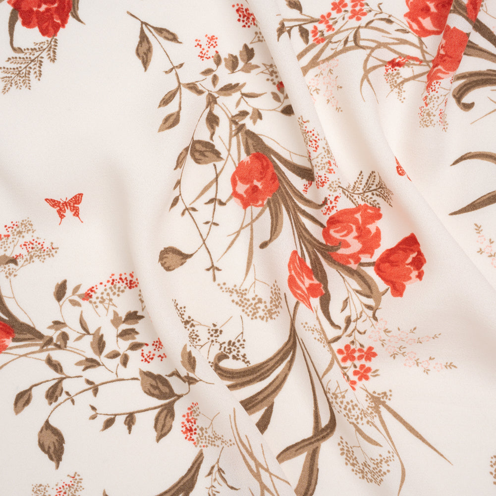 Sustainable Viscose Crepe Print - Tomato Red, Hazelnut Brown and Cream Floral - Designer Deadstock Sustainable Viscose Crepe Print - Tomato Red, Hazelnut Brown and Cream Floral - Designer Deadstock