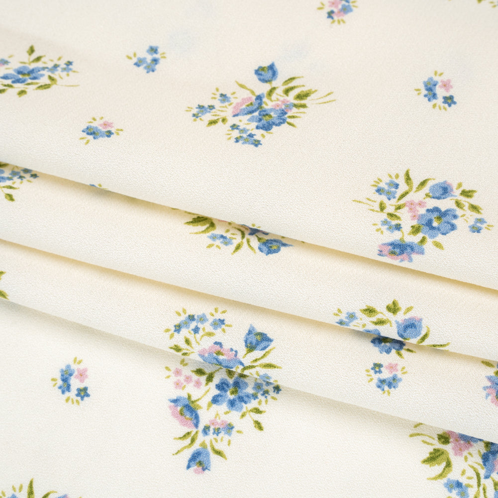 Sustainable Viscose Crepe Print - Steel Blue, Lilac Purple and Cream Floral - Designer Deadstock - Folded Sustainable Viscose Crepe Print - Steel Blue, Lilac Purple and Cream Floral - Designer Deadstock - Folded