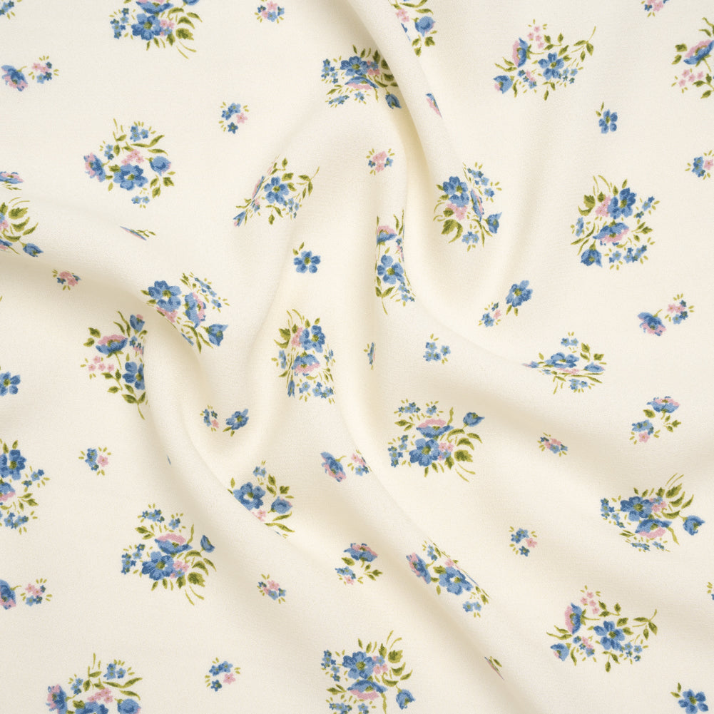 Sustainable Viscose Crepe Print - Steel Blue, Lilac Purple and Cream Floral - Designer Deadstock Sustainable Viscose Crepe Print - Steel Blue, Lilac Purple and Cream Floral - Designer Deadstock