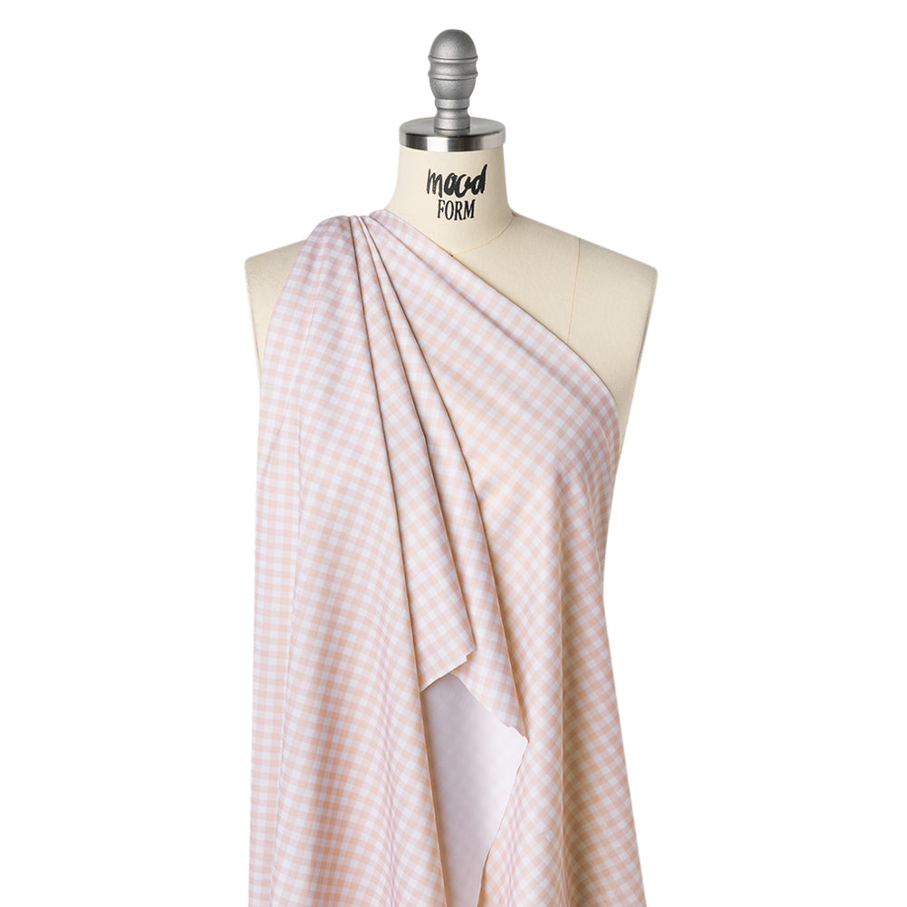 Stretch Econyl Nylon Jersey Print - Light Blush Pink Gingham - Designer Deadstock - Drape Stretch Econyl Nylon Jersey Print - Light Blush Pink Gingham - Designer Deadstock - Drape