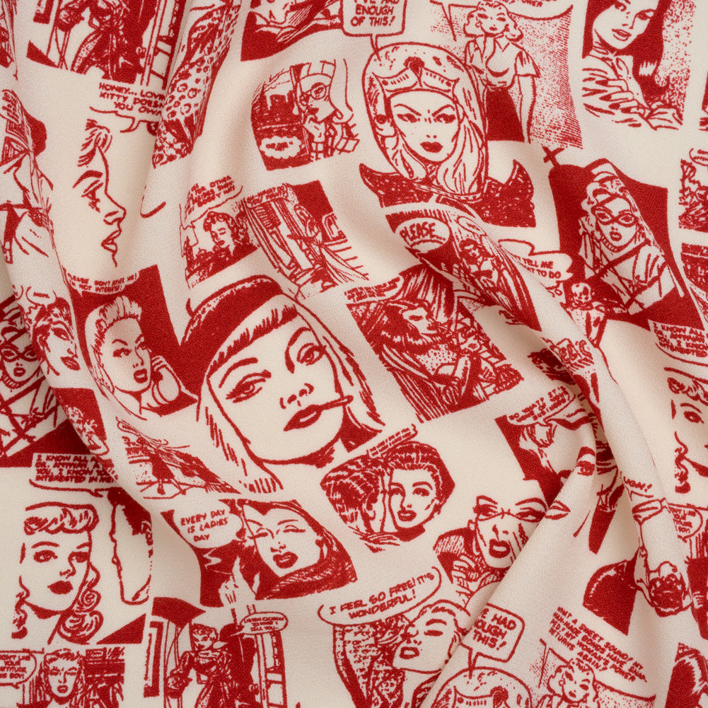 Sustainable Viscose Crepe Print - Lipstick Red and Cream Comic Book Illustration - Designer Deadstock Sustainable Viscose Crepe Print - Lipstick Red and Cream Comic Book Illustration - Designer Deadstock