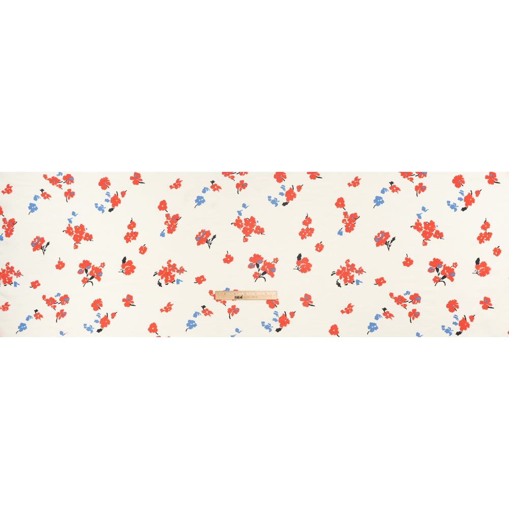 Viscose Georgette Print - Vivid Coral Red, Cornflower Blue and Cream Floral - Designer Deadstock - Full Viscose Georgette Print - Vivid Coral Red, Cornflower Blue and Cream Floral - Designer Deadstock - Full