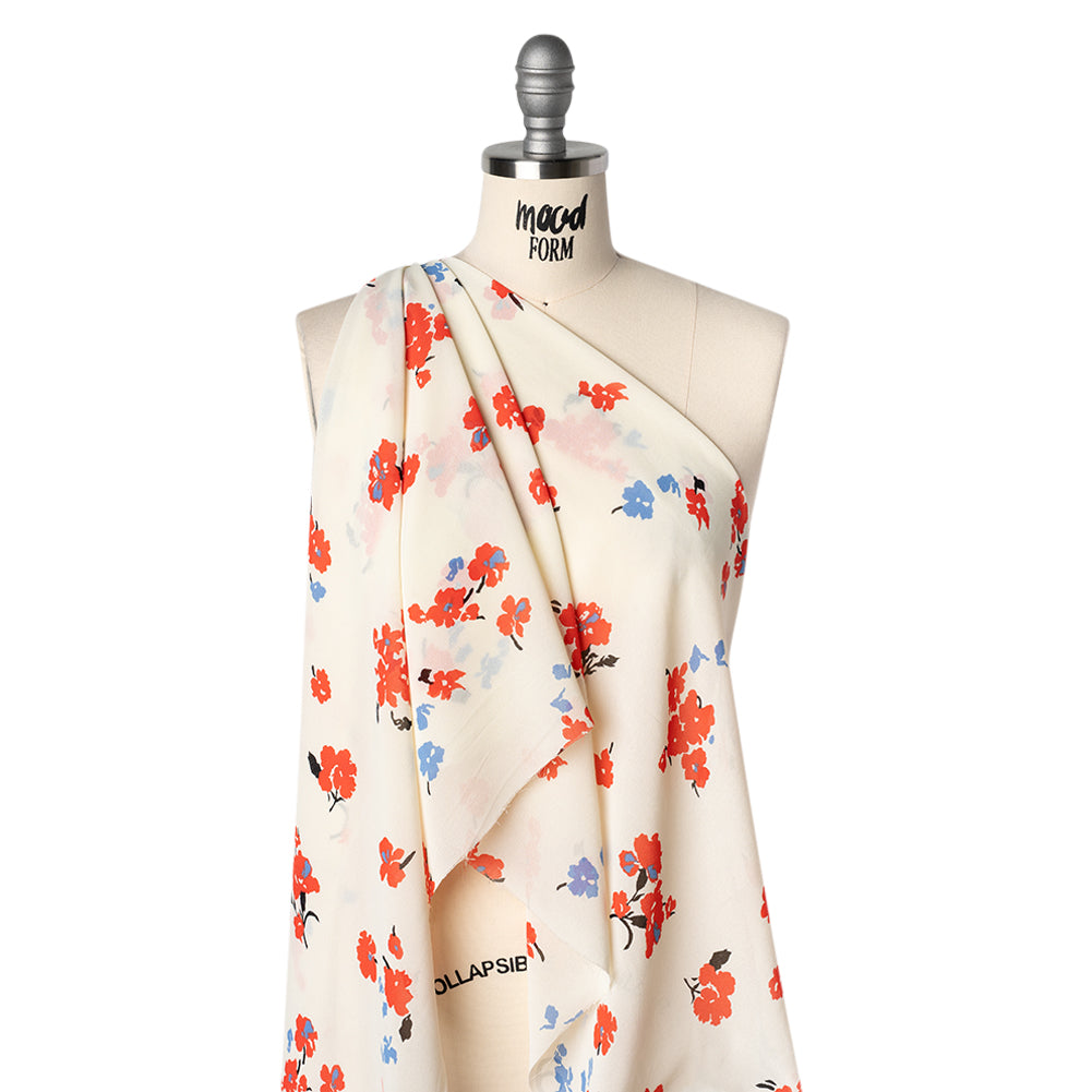 Viscose Georgette Print - Vivid Coral Red, Cornflower Blue and Cream Floral - Designer Deadstock - Drape Viscose Georgette Print - Vivid Coral Red, Cornflower Blue and Cream Floral - Designer Deadstock - Drape