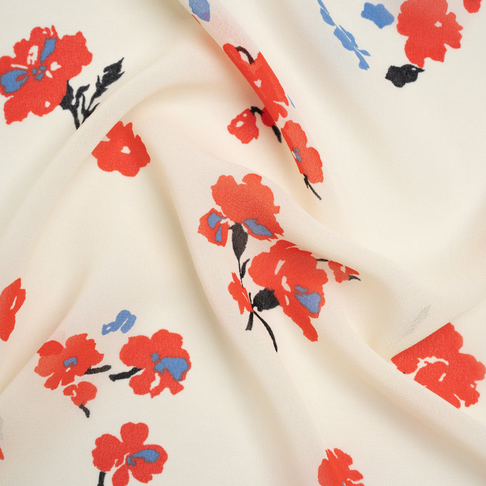 Viscose Georgette Print - Vivid Coral Red, Cornflower Blue and Cream Floral - Designer Deadstock Viscose Georgette Print - Vivid Coral Red, Cornflower Blue and Cream Floral - Designer Deadstock