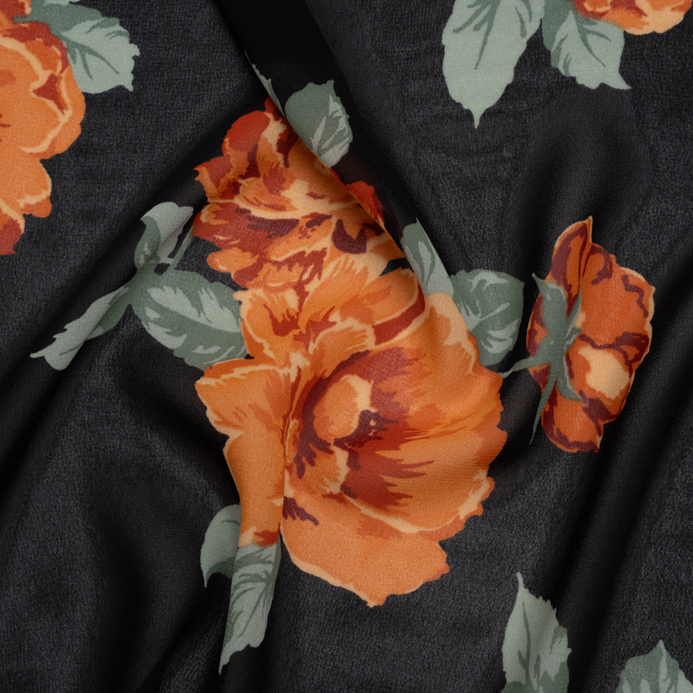 Viscose Georgette Print - Vivid Orange, Burgundy Red and Black Floral - Designer Deadstock Viscose Georgette Print - Vivid Orange, Burgundy Red and Black Floral - Designer Deadstock