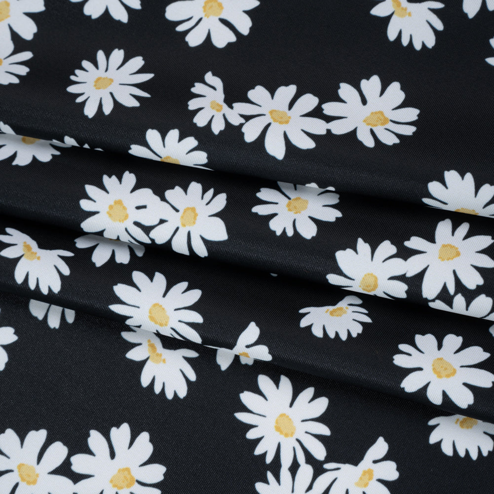 Stretch Econyl Nylon Jersey Print - Sun Gold Yellow, White and Black Daisy Floral - Designer Deadstock - Folded Stretch Econyl Nylon Jersey Print - Sun Gold Yellow, White and Black Daisy Floral - Designer Deadstock - Folded