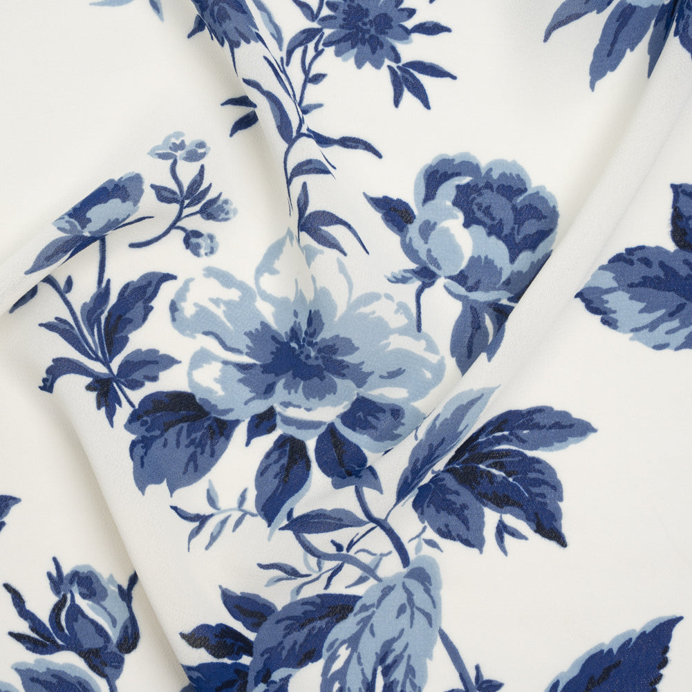 Viscose Georgette Print - Royal Blue and Off White Floral - Designer Deadstock Viscose Georgette Print - Royal Blue and Off White Floral - Designer Deadstock