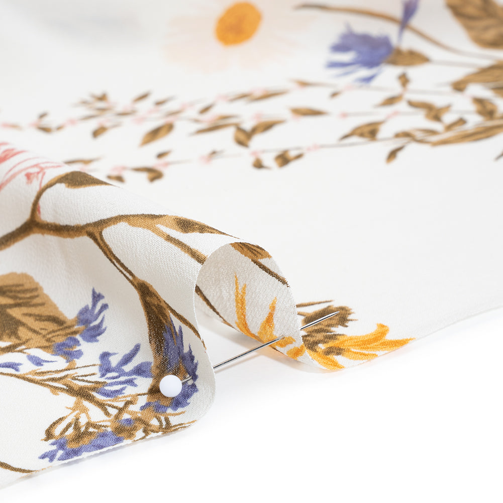 Viscose Georgette Print - Marigold Yellow, Light Indigo Purple and Mocha Brown Wildflower Floral - Designer Deadstock - Detail Viscose Georgette Print - Marigold Yellow, Light Indigo Purple and Mocha Brown Wildflower Floral - Designer Deadstock - Detail