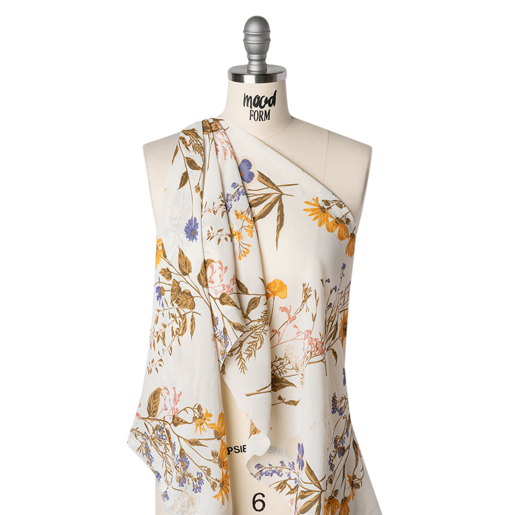 Viscose Georgette Print - Marigold Yellow, Light Indigo Purple and Mocha Brown Wildflower Floral - Designer Deadstock - Drape Viscose Georgette Print - Marigold Yellow, Light Indigo Purple and Mocha Brown Wildflower Floral - Designer Deadstock - Drape