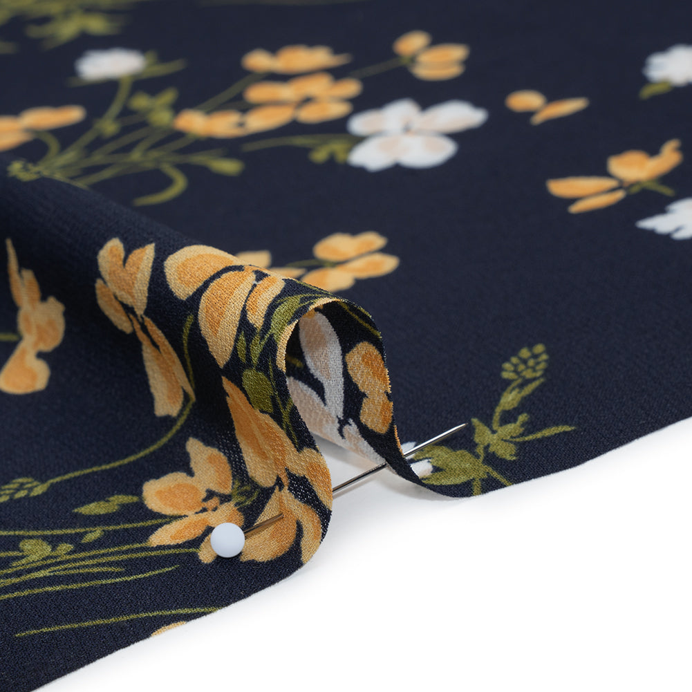 Viscose Georgette Print - Midnight Blue, Amber Yellow and Off White Wildflower Floral - Designer Deadstock - Detail Viscose Georgette Print - Midnight Blue, Amber Yellow and Off White Wildflower Floral - Designer Deadstock - Detail