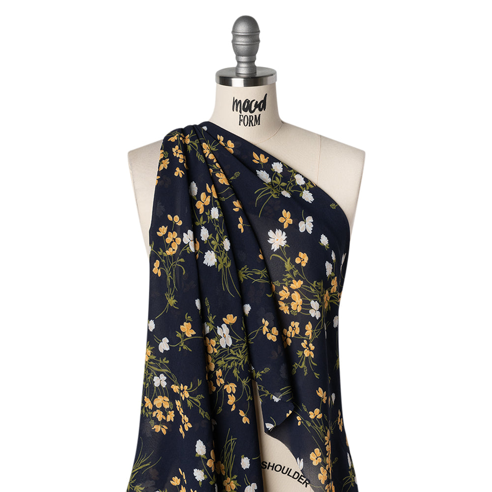 Viscose Georgette Print - Midnight Blue, Amber Yellow and Off White Wildflower Floral - Designer Deadstock - Drape Viscose Georgette Print - Midnight Blue, Amber Yellow and Off White Wildflower Floral - Designer Deadstock - Drape