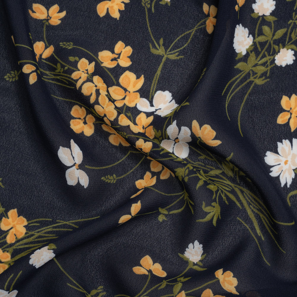 Viscose Georgette Print - Midnight Blue, Amber Yellow and Off White Wildflower Floral - Designer Deadstock Viscose Georgette Print - Midnight Blue, Amber Yellow and Off White Wildflower Floral - Designer Deadstock