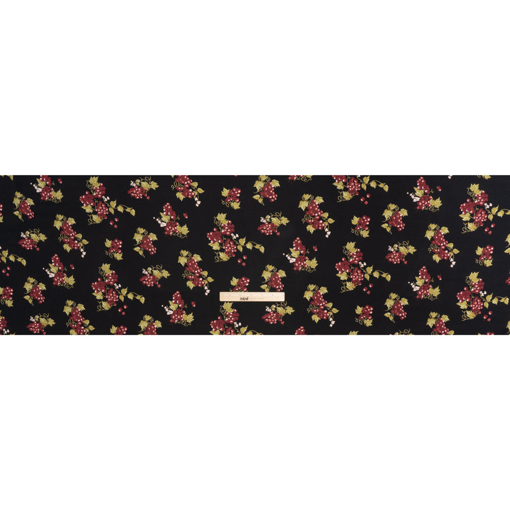 Sustainable Viscose Crepe Print - Black and Sangria Purple Grapes Illustration - Designer Deadstock - Full Sustainable Viscose Crepe Print - Black and Sangria Purple Grapes Illustration - Designer Deadstock - Full