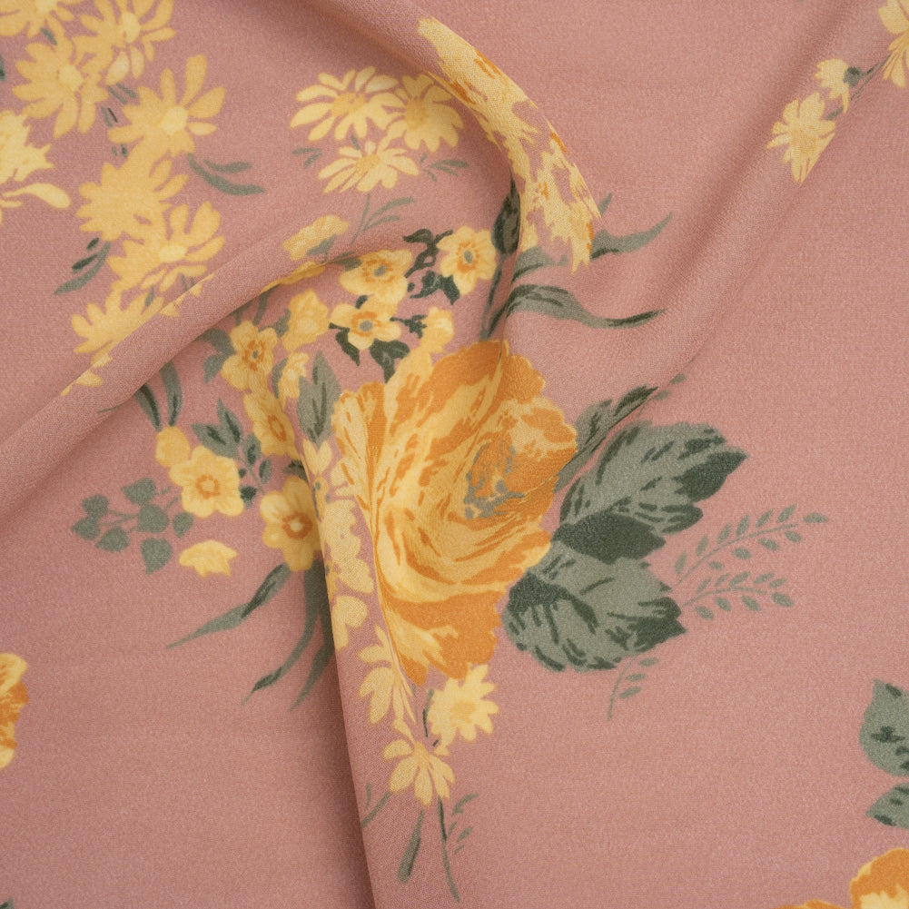Viscose Georgette Print - Dusty Pink, Light Pastel Yellow and Golden Orange Floral - Designer Deadstock Viscose Georgette Print - Dusty Pink, Light Pastel Yellow and Golden Orange Floral - Designer Deadstock
