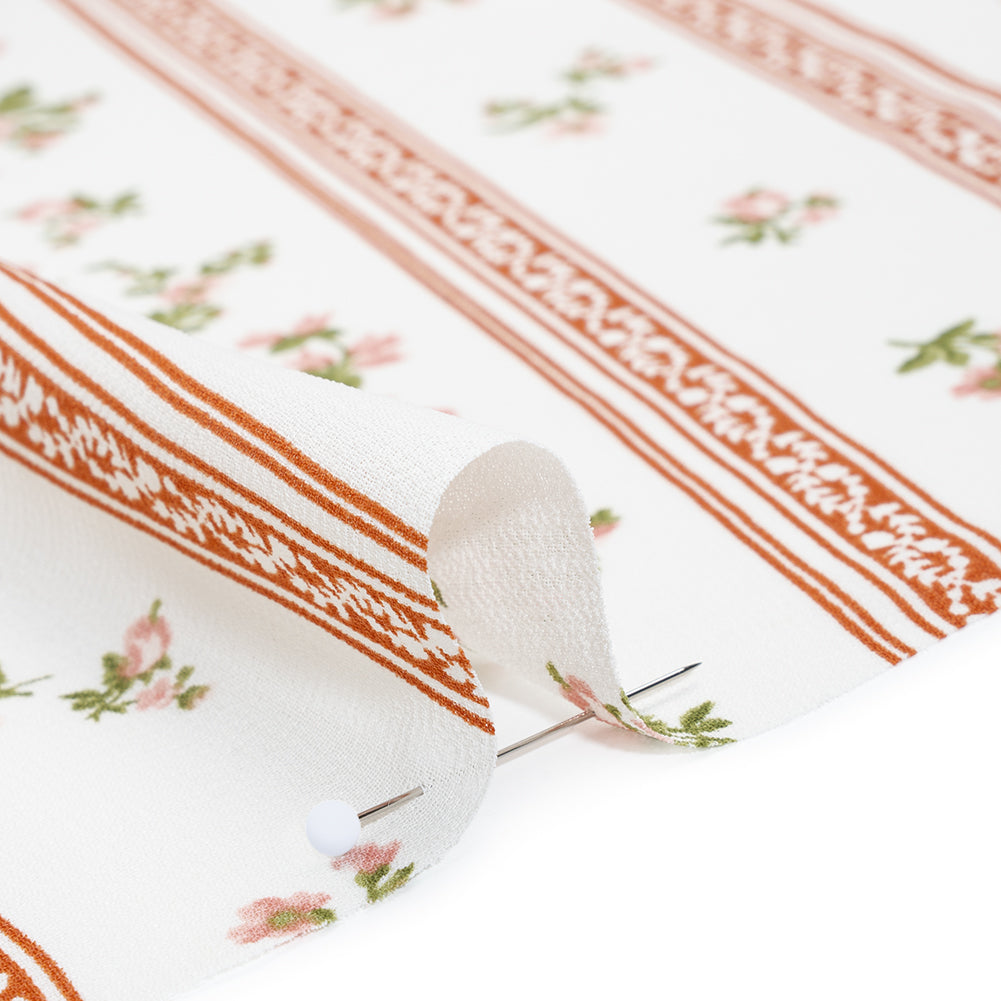 Viscose Georgette Print - Carnation Pink, Autumn Green and Off White Floral and Stripes - Designer Deadstock - Detail Viscose Georgette Print - Carnation Pink, Autumn Green and Off White Floral and Stripes - Designer Deadstock - Detail