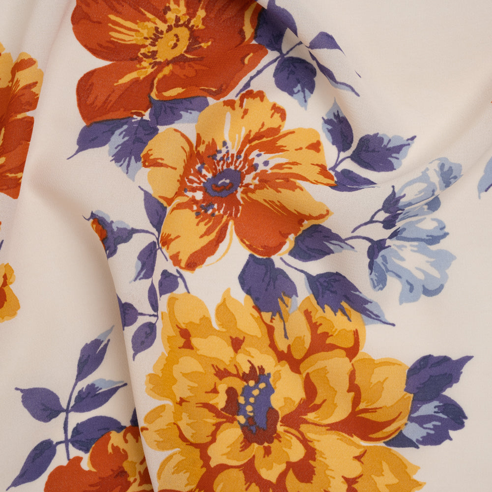 Viscose Georgette Print - Burnt Autumn Orange, Cornflower Yellow and Ripe Plum Purple Floral - Designer Deadstock Viscose Georgette Print - Burnt Autumn Orange, Cornflower Yellow and Ripe Plum Purple Floral - Designer Deadstock