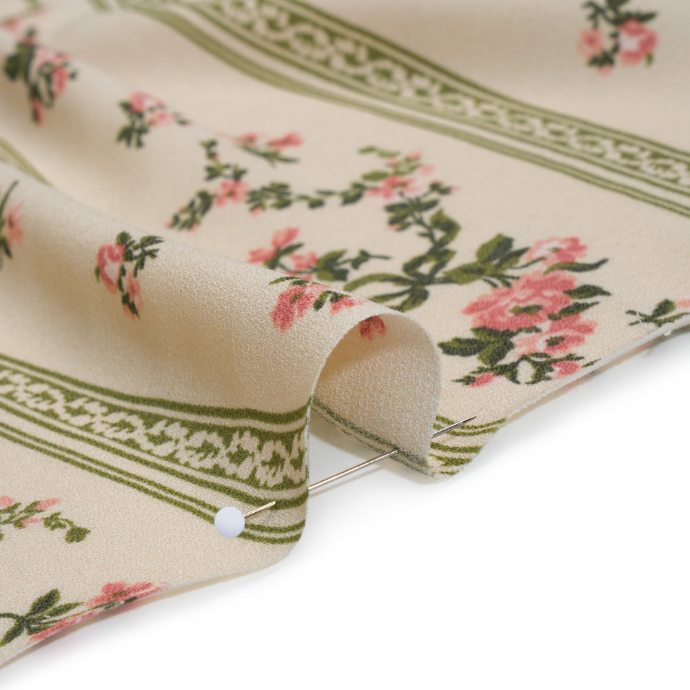 Sustainable Viscose Crepe Print - Dusty Pink and Moss Green Antique Floral and Stripes - Designer Deadstock - Detail Sustainable Viscose Crepe Print - Dusty Pink and Moss Green Antique Floral and Stripes - Designer Deadstock - Detail