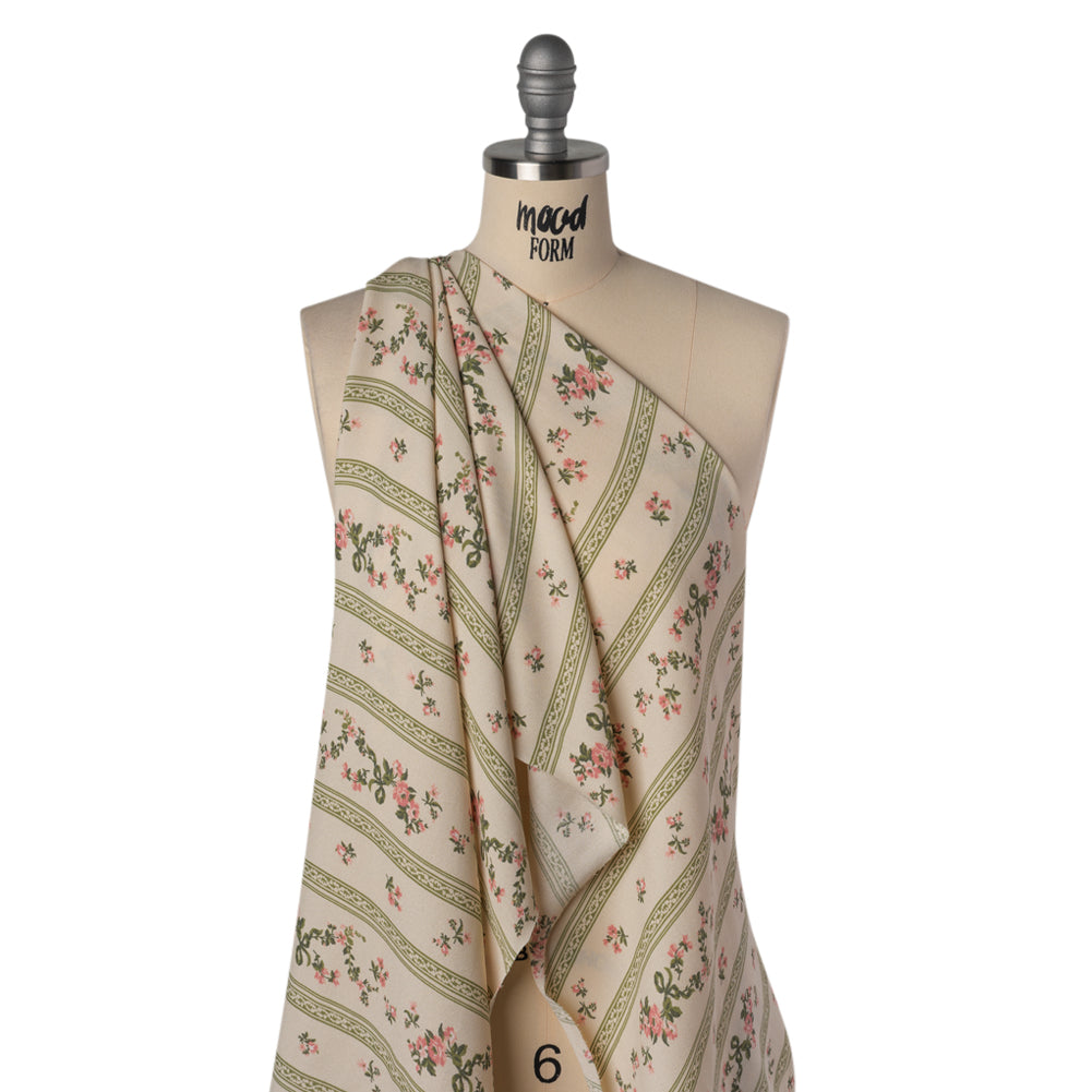 Sustainable Viscose Crepe Print - Dusty Pink and Moss Green Antique Floral and Stripes - Designer Deadstock - Drape Sustainable Viscose Crepe Print - Dusty Pink and Moss Green Antique Floral and Stripes - Designer Deadstock - Drape