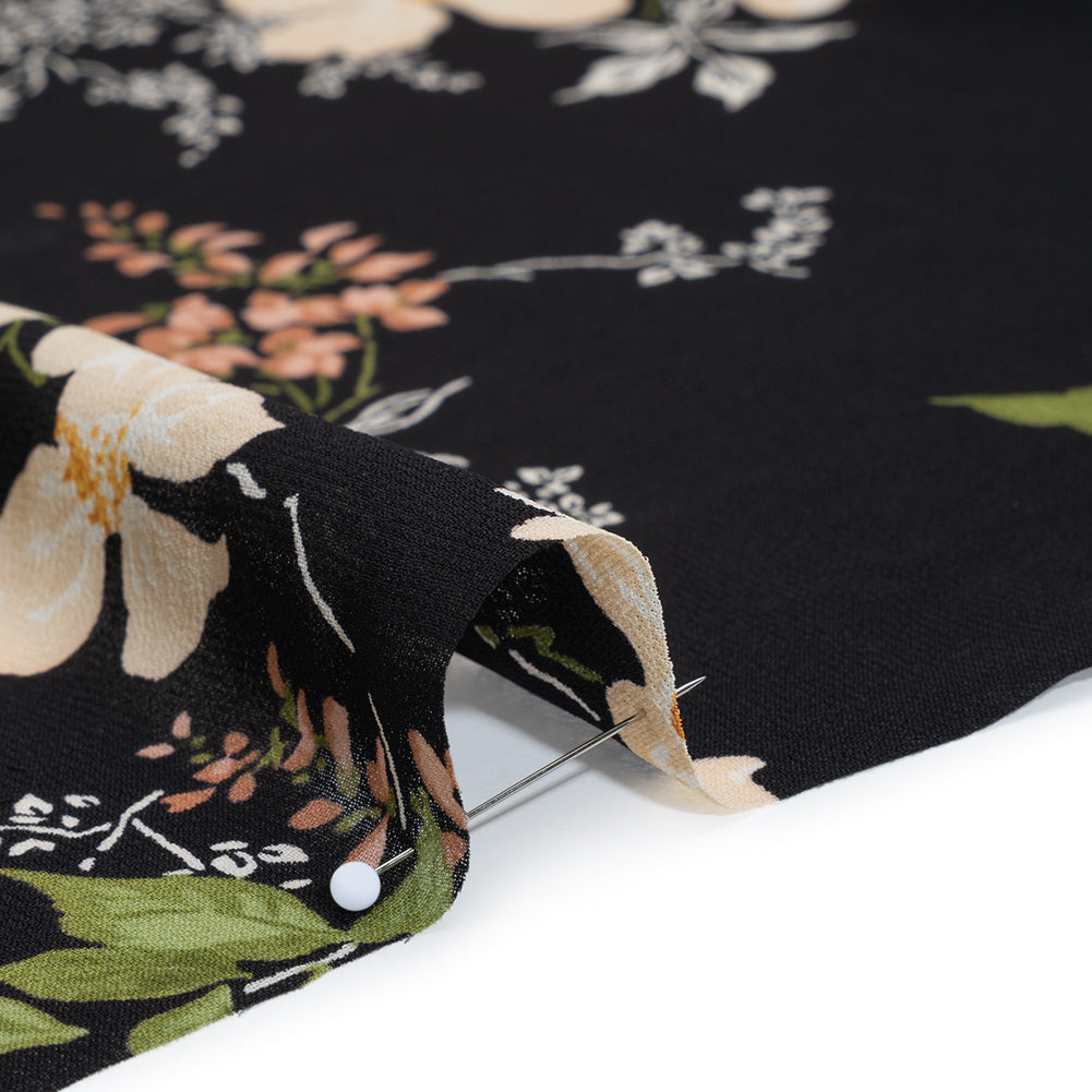 Viscose Georgette Print - Light Pastel Orange, Dusty Rose Pink and Black Floral - Designer Deadstock - Detail Viscose Georgette Print - Light Pastel Orange, Dusty Rose Pink and Black Floral - Designer Deadstock - Detail