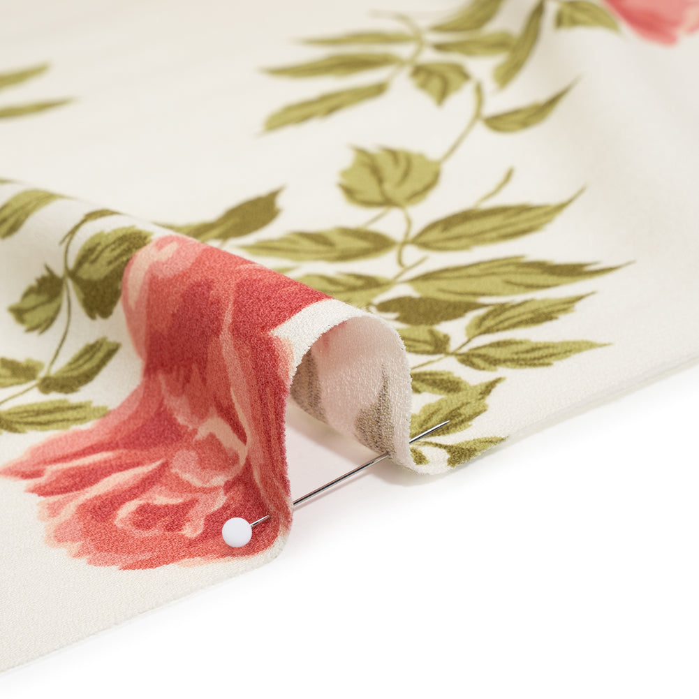 Sustainable Viscose Crepe Print - Coral Pink, Light Olive Green and Cream Large Rose Floral - Detail Sustainable Viscose Crepe Print - Coral Pink, Light Olive Green and Cream Large Rose Floral - Detail
