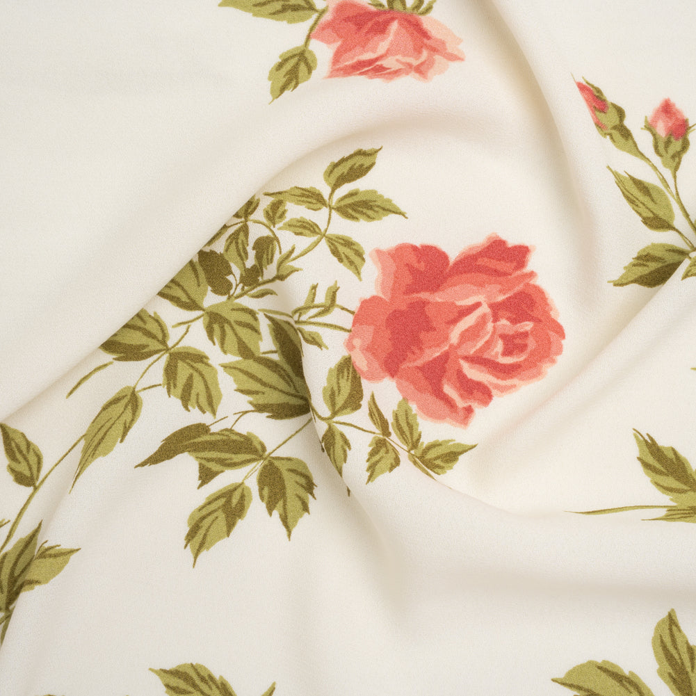 Sustainable Viscose Crepe Print - Coral Pink, Light Olive Green and Cream Large Rose Floral Sustainable Viscose Crepe Print - Coral Pink, Light Olive Green and Cream Large Rose Floral